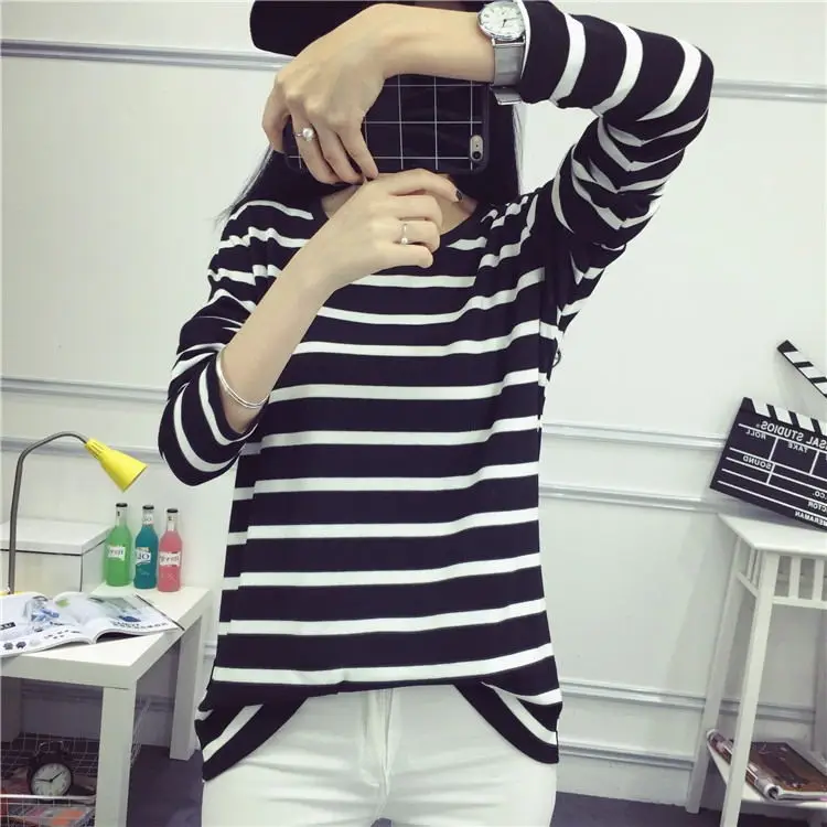 Женская футболка в полоску белая Повседневная Классическая с длинным рукавом и