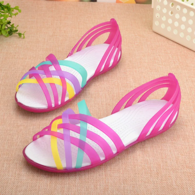 

2020 Women Jelly Shoes Rianbow Summer Sandals Female Flat Shoe Casual Ladies Slip On Woman Candy Color Peep Toe Beach Shoes