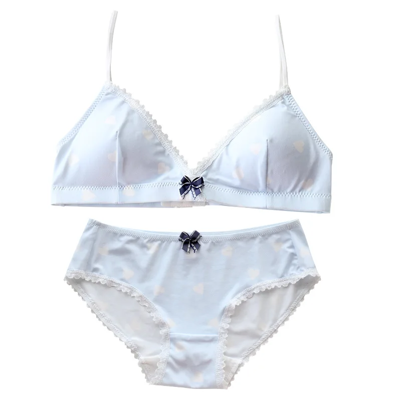 blue bra set Wriufred/милое нижнее белье для девочек, комплект одежды с принтом «любовь», свободное белье, тонкие чашечки, удобные, пикантные, кружевные, с милым бантом, бюстгальтер - Цвет: blue bra set