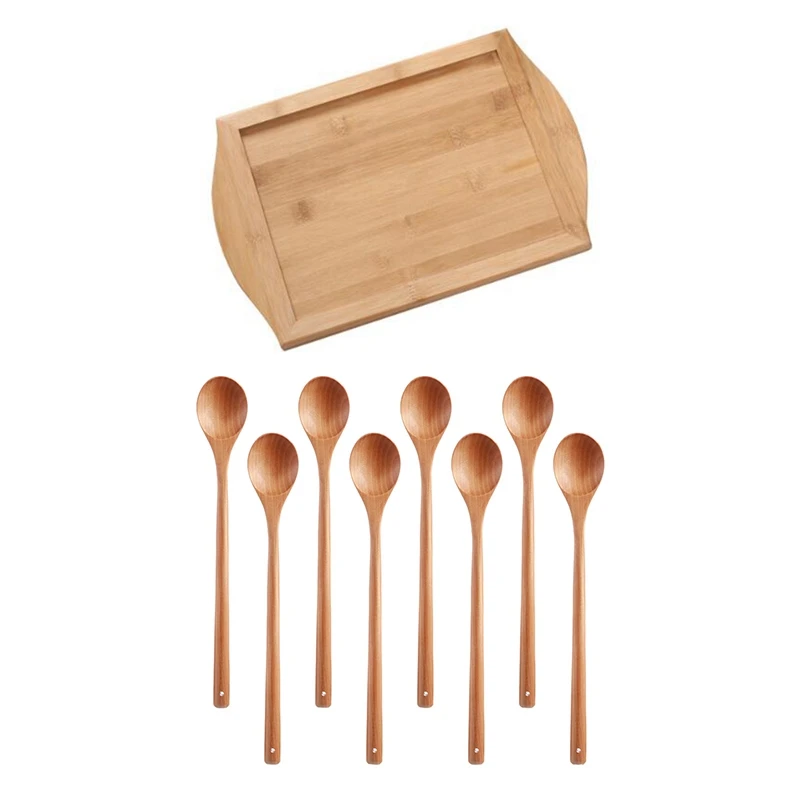 1 шт. сервировочный поднос бамбуковый деревянный с ручками и 8 ложек для