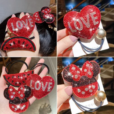 Диснейский корейский детский резиновый ремешок с высокой эластичностью с камнями-стразами, кукла-любовь, маленькая медвежонка-девочка, красный резиновый ремешок с рисунком мультяшного волоса.