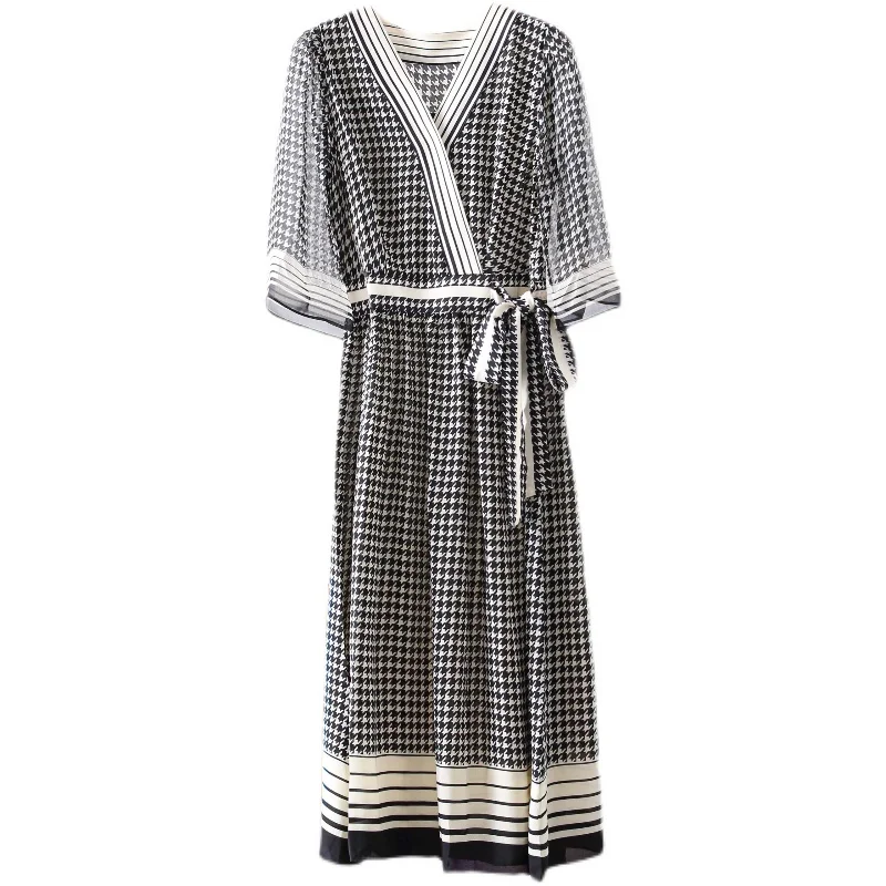 

Sister Fara Chic V-Neck Houndstooth Women's Dress 2021 Summer New Lace Up Knee-Length Dress Short Sleeve Casual Women's Dresses