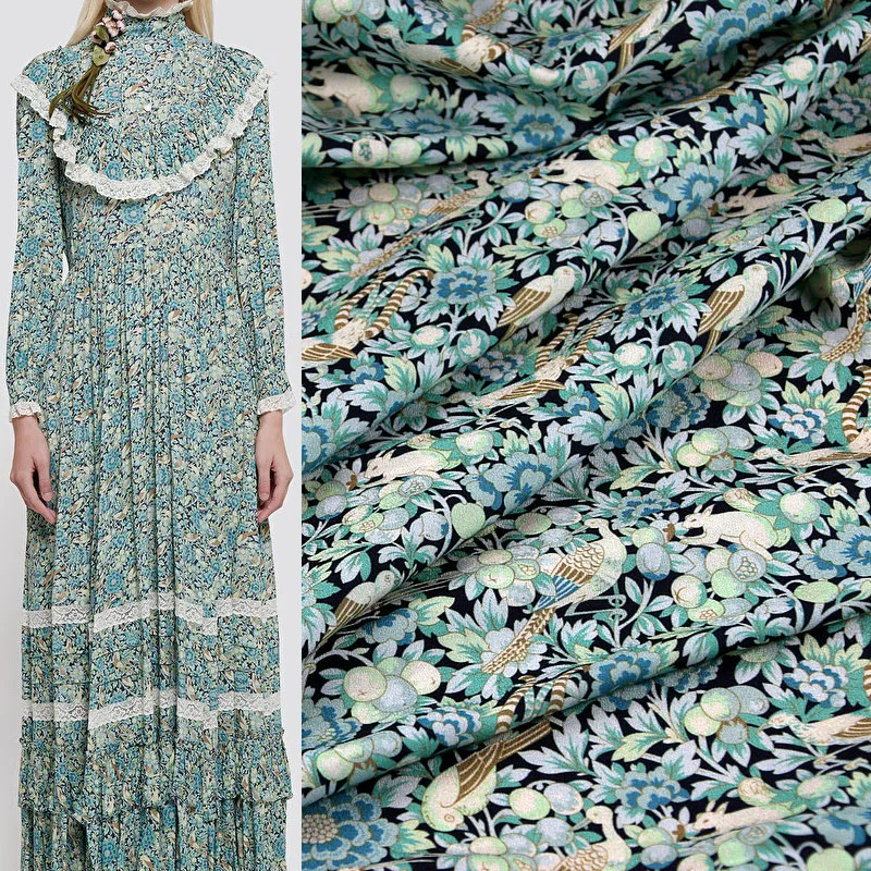 

Ткань двойная креповая с цветочным принтом и птицами для женского платья, блузки, штанов, сделай сам, ширина 145 см, тканевый швейный материал