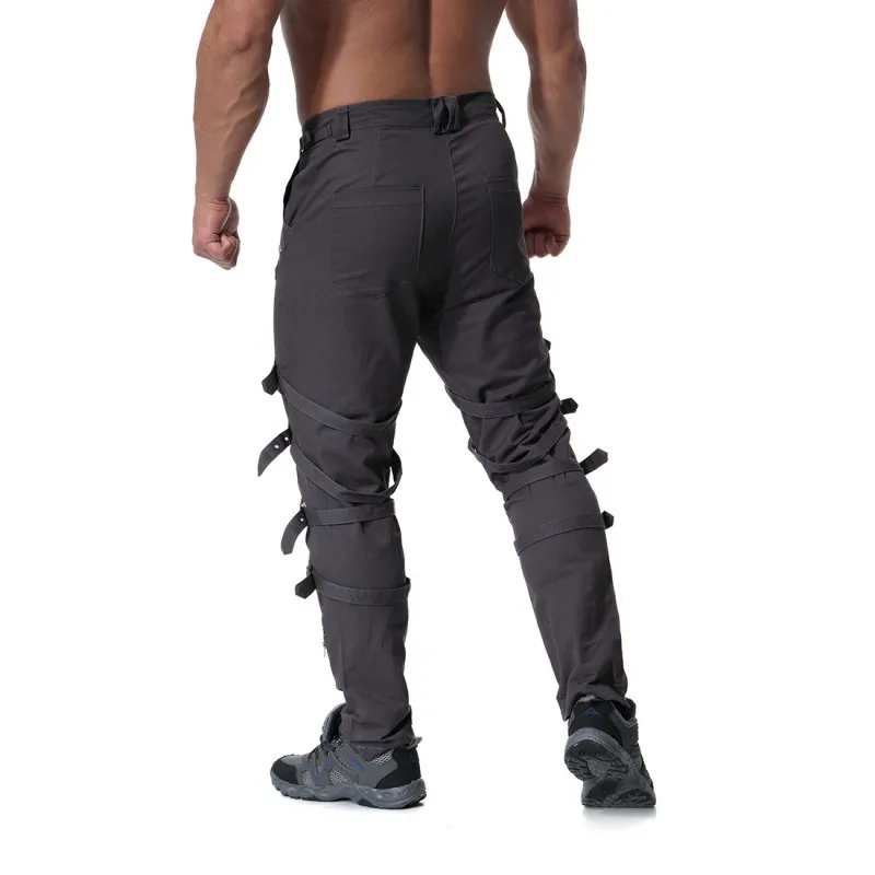 

Men European Clothing Personality Bandage Cargo Pants Chain Fake Zippers Casual Trousers Gothic Black Plus Size Mens Loose Pants