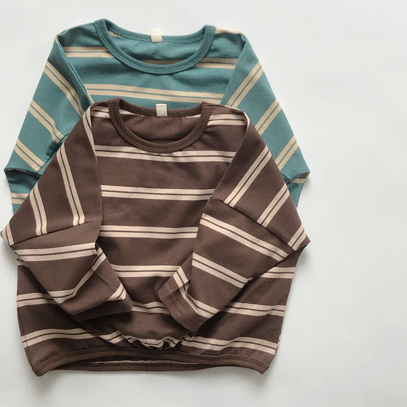 

Kids Cotton Long Sleeve Pullover Tops Spring Autumn Baby Girls Boys Stripe Crew Neck T-shirt Korean Style Children Clothing