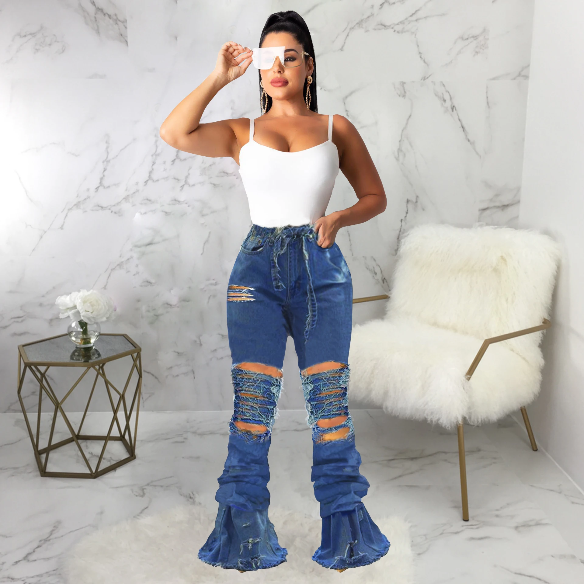 Wjustforu расклешенные женские джинсы с дырками сзади в стиле пэчворк обтягивающие