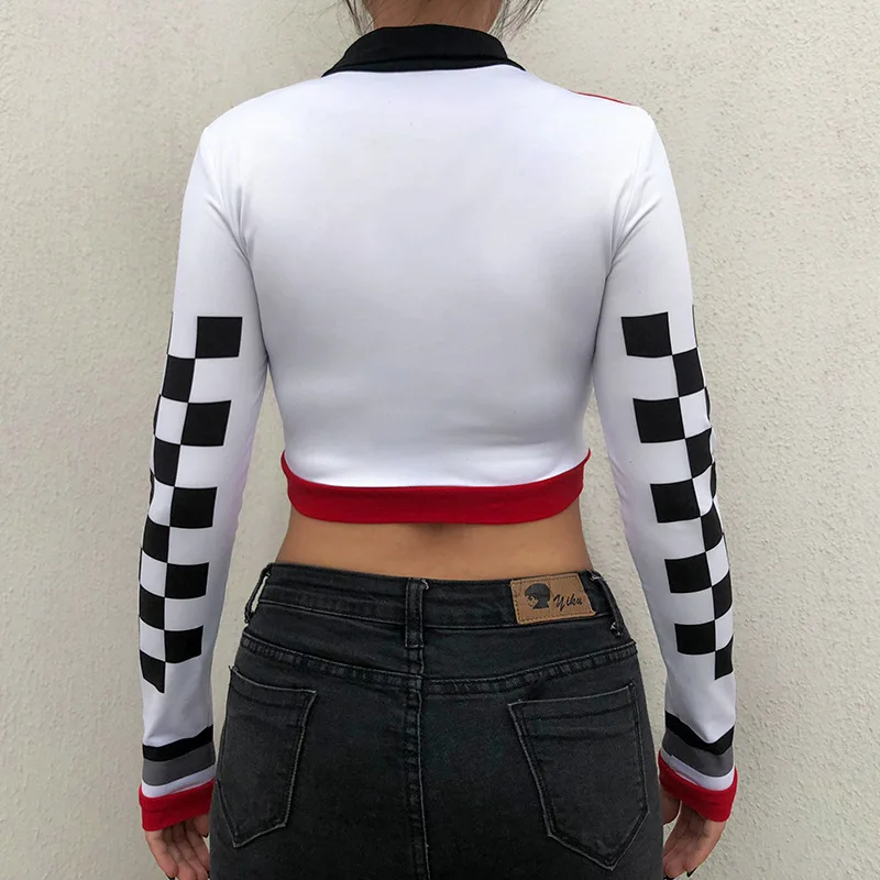 

2020 Summer Women's Plaid Patterning Machine Car Zipper Short Leisure T-shirt Thin Style as Background Top
