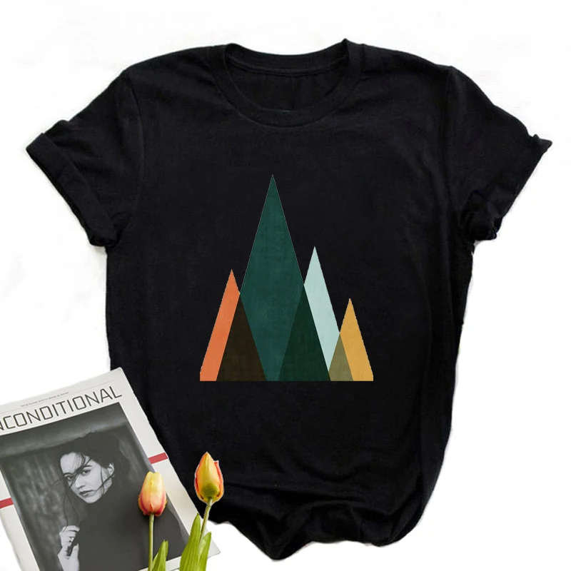 

Cool Girl Summer Designer Clothes White Tshirts 2021 Korean Style Plus Size Tops Prining Triangle Mountain Anime T-Shirts