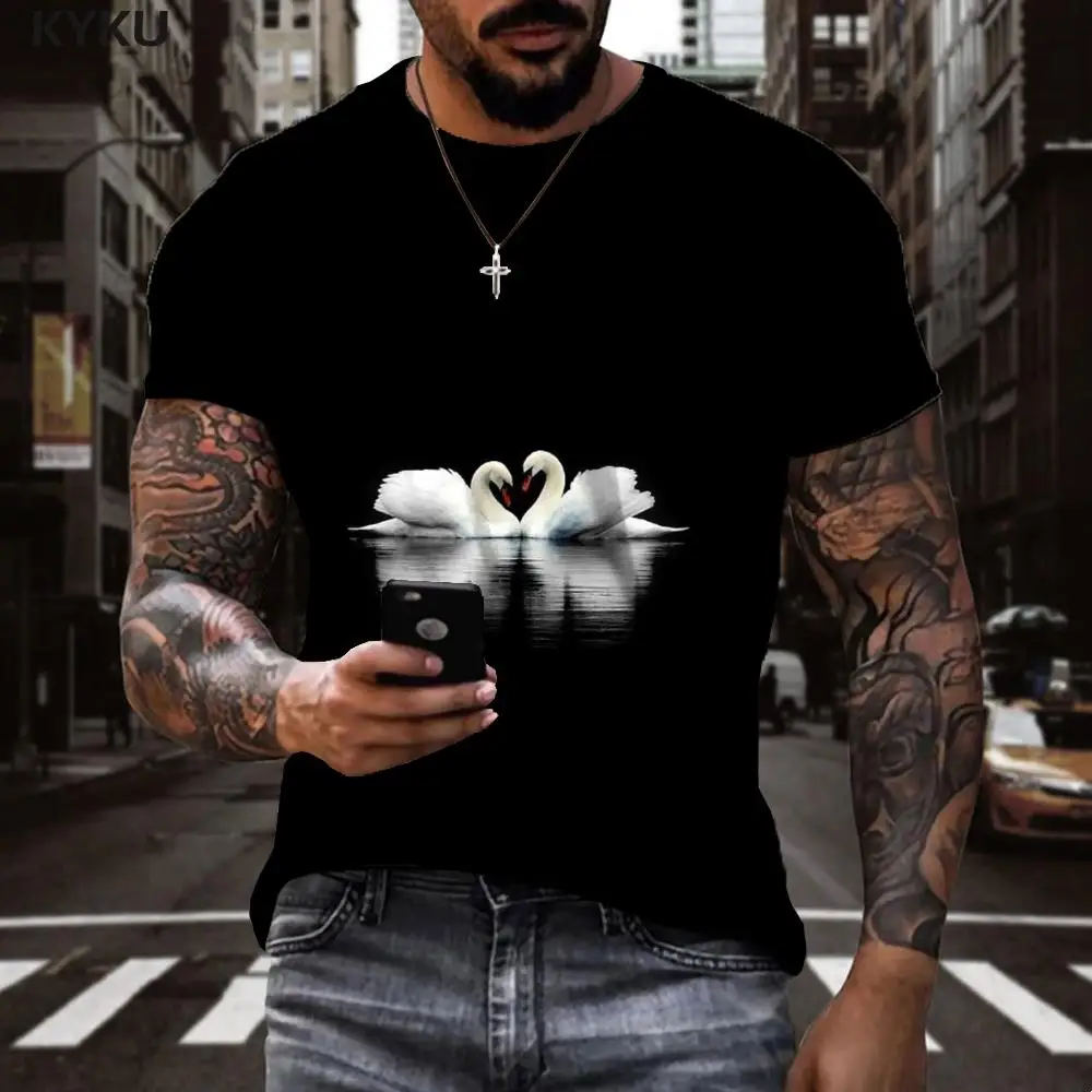 

Футболка мужская с объемным рисунком гуся, рубашка с принтом животных, романтичная приталенная тенниска с коротким рукавом и 3D-принтом, лет...