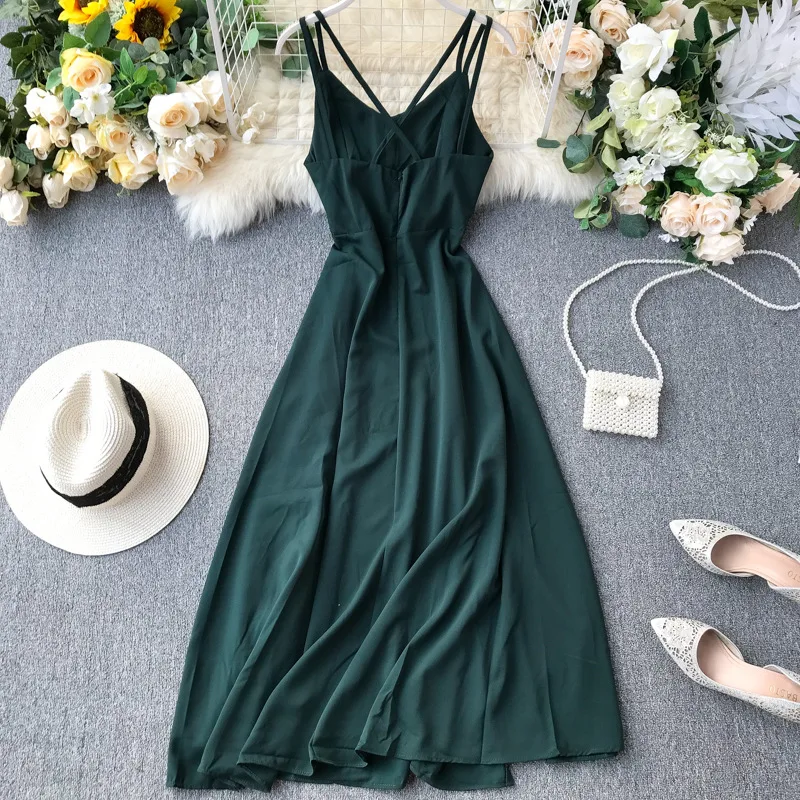 

New Ladies Sexy V Neck Backless was thin Dresses Summer Backless Split Slim Long Dress Women Casual Beach Holiday Vestidos