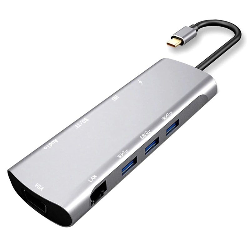 

Док-станция 10 в 1 с разъемами типа C и HDMI, RJ45, VGA, PD, TF, SD и USB 3,0