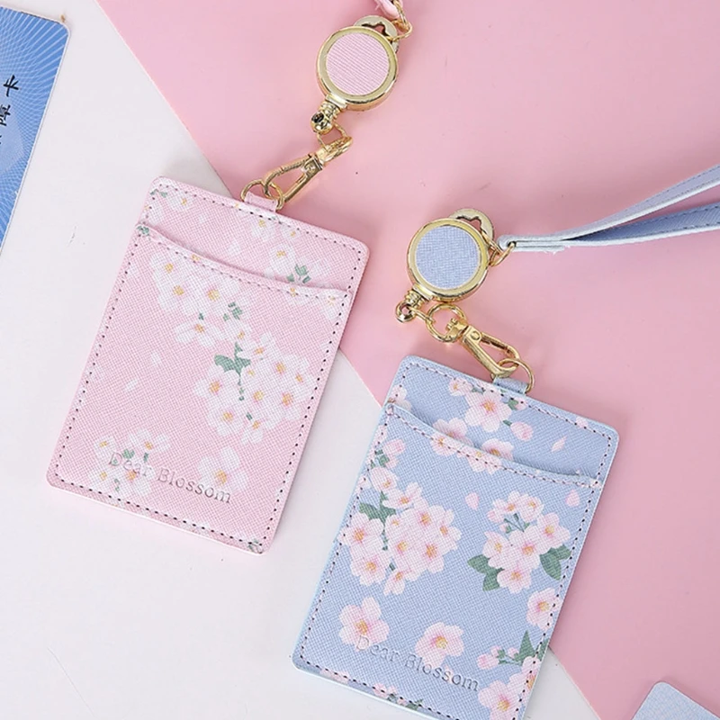 

50LD Cute Flowers PU Leather Bus ID Card Holder Case Badge Retractable Neck Lanyard
