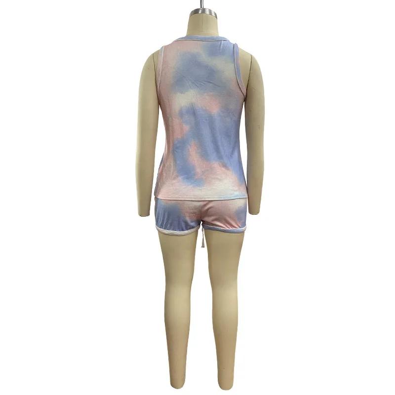 

New casual tie dye printing home sports two piece summer fashion o-neck sleeveless vest and shorts women's suit