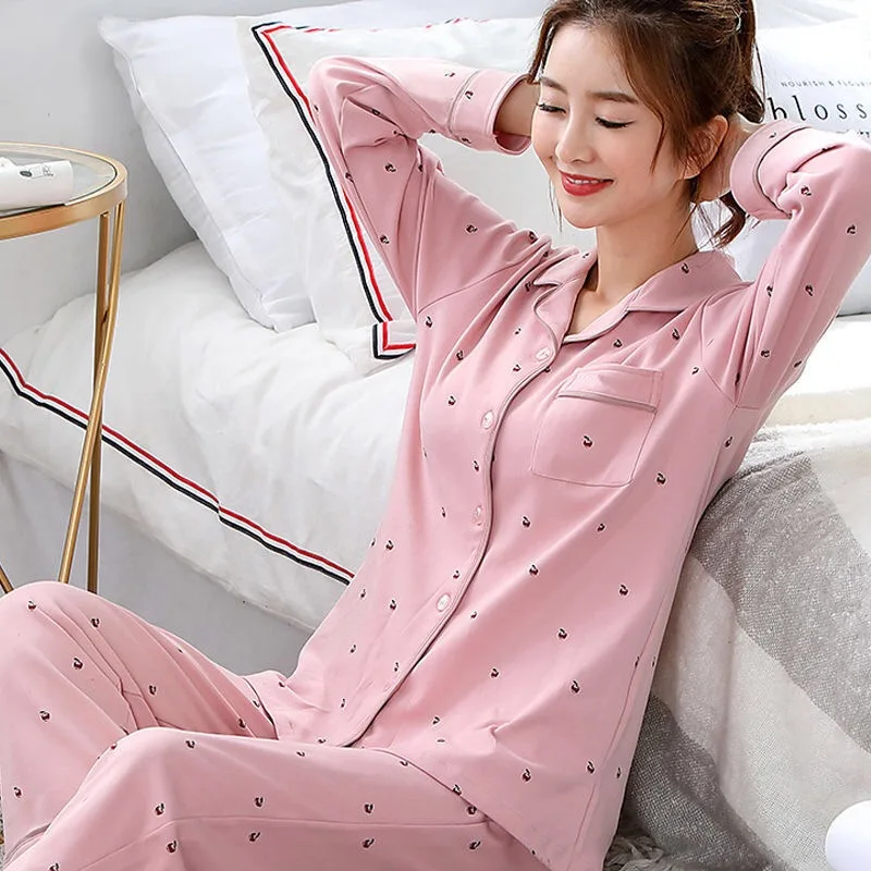 

Autumn Pajamas Sets For Women Long Sleeve Top + Pants Pajama Sets Ladies Oversize Sleepwear Print Lapel Homewear