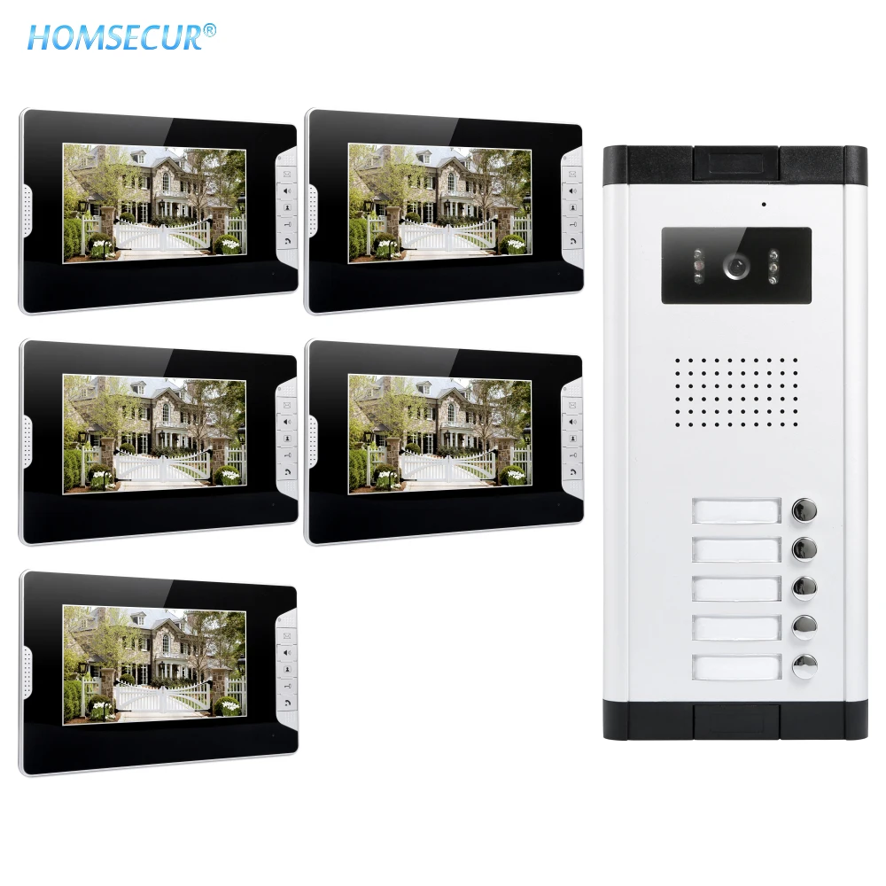 

HOMSECUR 4-проводная 7-дюймовая многоквартирная видео и аудио домашняя связь + 700TVL камера ночного видения для дома/квартиры XC061-5 + XM703-B