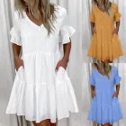 Платье женское однотонное с V-образным вырезом и коротким рукавом, пикансветильник сарафан, большие размеры, лето 2021