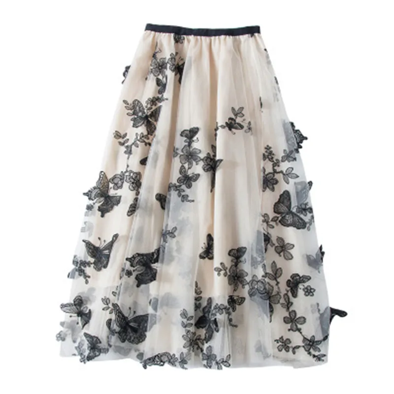 

Vintage Embroidery Butterfly Pleated Skirts Women Summer Elastic High Waist Mesh Tulle Skirts Korean Elegant A-line Midi Skirts