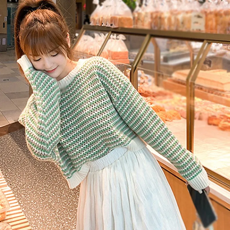 

Весенне-осенние свитера, женская Свободная верхняя одежда в Корейском стиле, Короткий полосатый вязаный пуловер с высокой талией, свитер, ж...