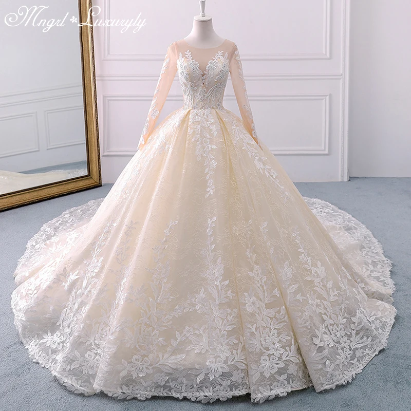 

Luxury Wedding Dresses Long Sleeve O-neck Lace Applique Charming Gowns Back Zipper Design Court Train vestido noiva Tailor-Made