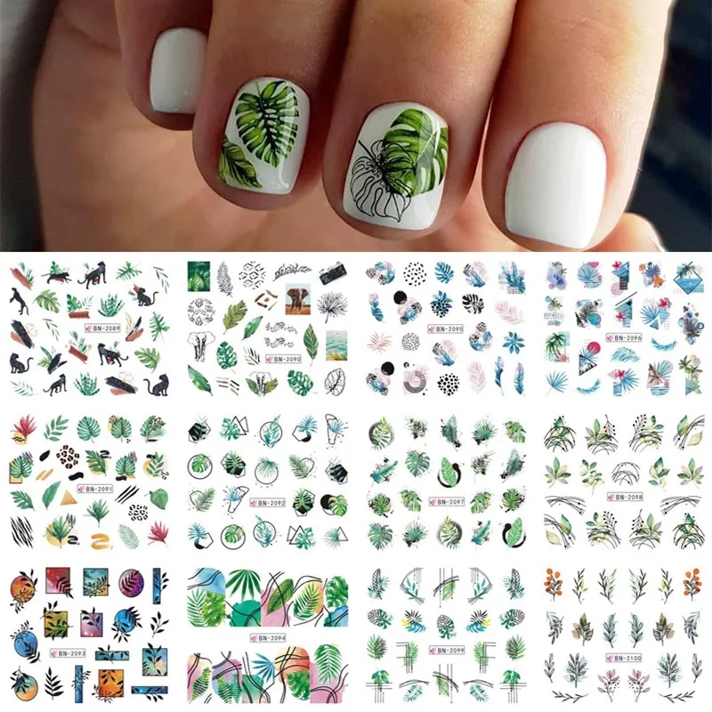 

12Pcs Green Leaves Design Water Nail Decals Set Spring Summer Blooming Flowers Leaf Transfer Sliders Nail Stickers Manicure Tips