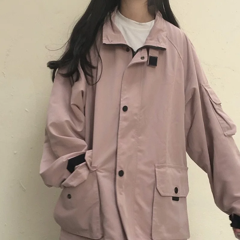 

Winter Japanese women's casual punk streetwear jacket loose pockets long-sleeved hooded big size fashion Vintage Harajuku jacket