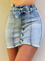 autumn ladies fashion summer button design fringe hem mini pencil bodycon denim skirt shorts high waist lace up womens outfits