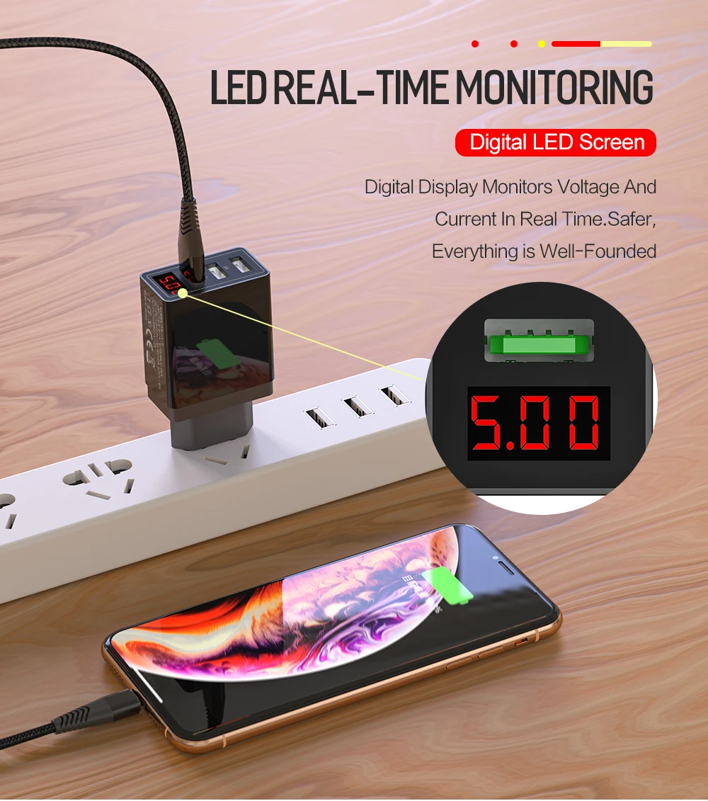 ROCK QC 3,0 30 Вт 3 USB зарядное устройство для быстрой зарядки телефона светодиодный дисплей для iPhone Xiaomi samsung huawei 3 порта Быстрый Настенный адаптер Turbo