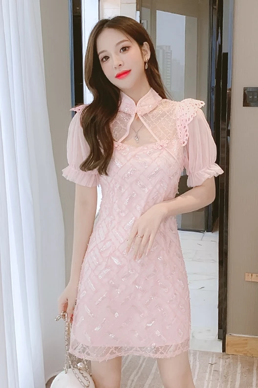 

Summer Dress Women 2021 Chinese Style Cute Cheongsam Vintage Short Sleeve Lace Puff Sleeve Sequins Hollow Out Stand Neck Dresses