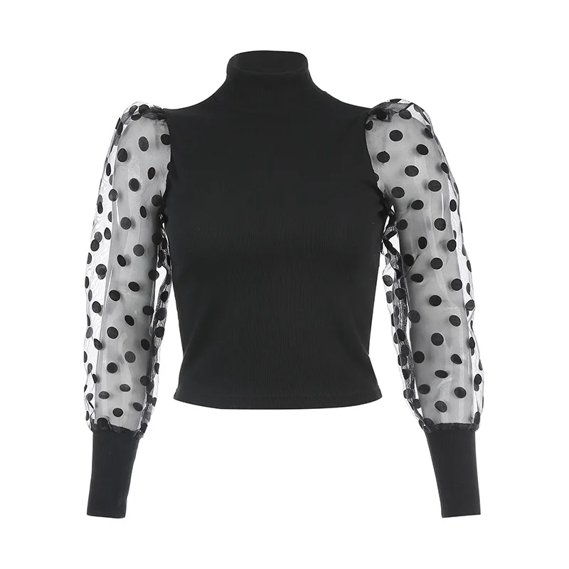 

African Tops Blouse for Women Polka Dot Patchwork Mesh Long Sleeve Africa Office Lady Clothing Crop Blouses Sexy Autumn Shirt