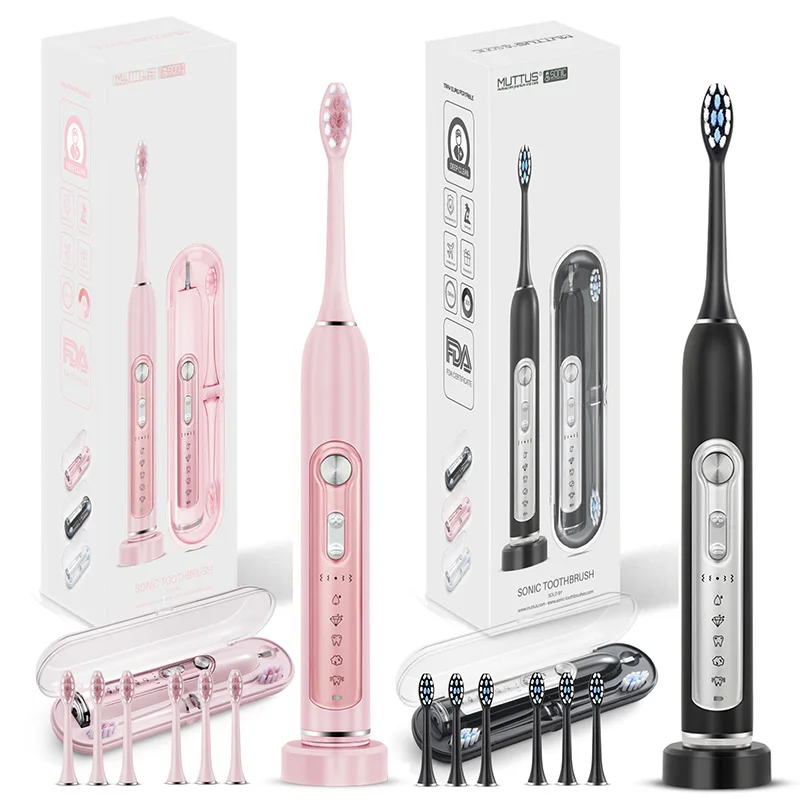 Pink and Black Премиум электрическая зубная щетка и звуковая зубная щетка es, MUTTUS, 5 режимов 15 опыт чистки, 6 щеток, Дорожный Чехол - Цвет: Pink and Black