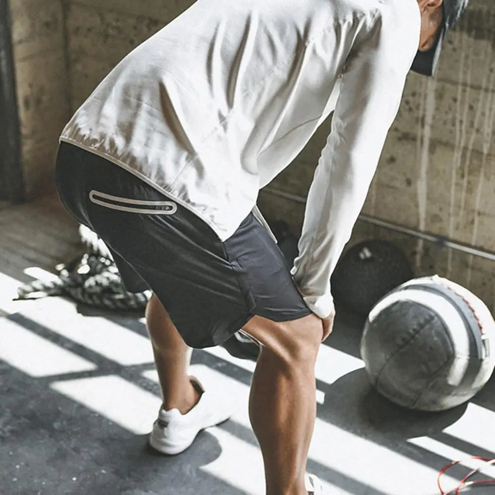 Мужские шорты для бега 2 в 1 летние и осенние спортивные фитнеса быстросохнущие