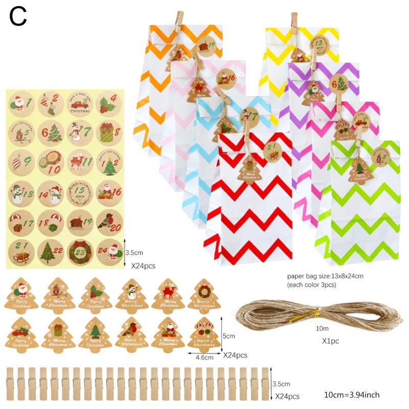 

24 Sets Christmas 1-24 Advent Calendar Cookie Candy Paper Bag with Clips Stickers Tags Hemp Rope Gift Storage Box Decor K3NA