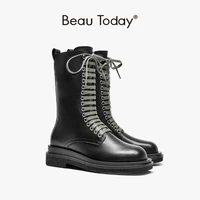 beautoday women mid calf boots cow leather round toe lace up zipper platform shoes ladies high street boots handmade 02375