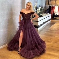 sexy a line purple evening dress beads side split cap sleeve v neck 2021 formal prom gown high quality floor length hot sale