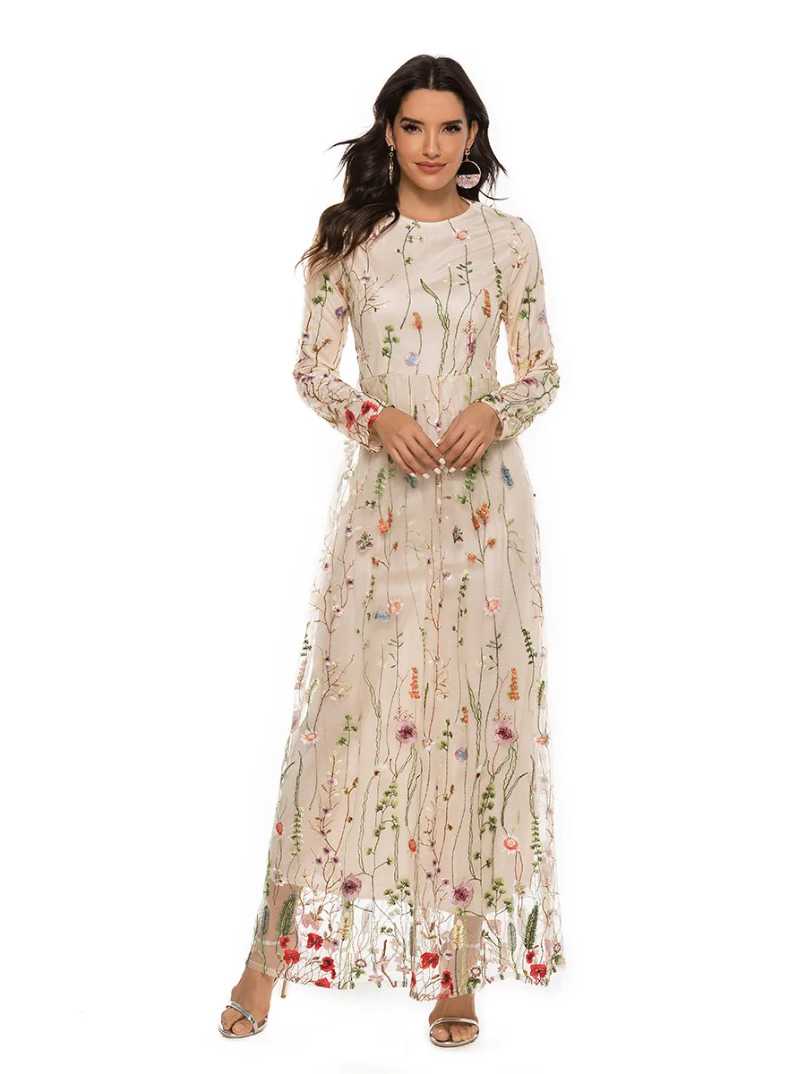 Женское вечернее платье с цветочной вышивкой, длинным рукавом