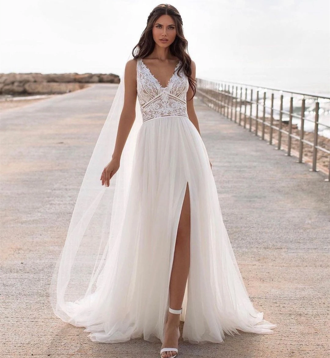 wedding dresses Bohemian Wedding Dress Lace 2021 Split Tank Organza Sleeveless A-Line Vintage Civil Bridal Gown Boho Charming Robe Unique Design bridal gowns