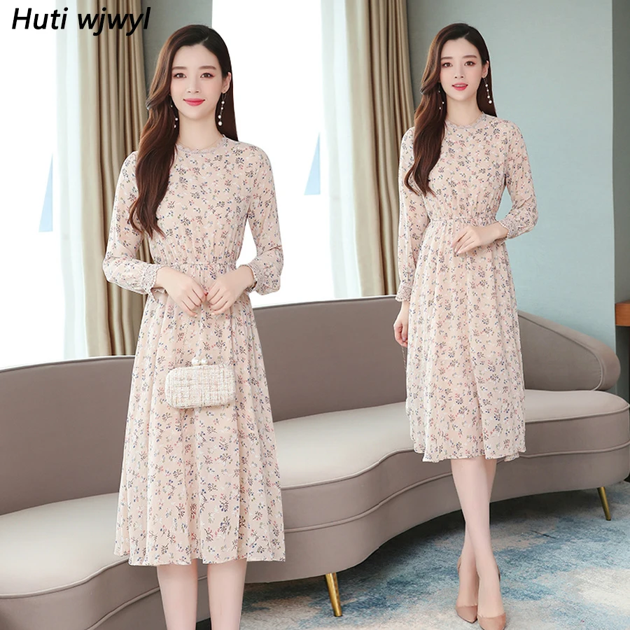 2020 винтажные розовые платья миди с принтом осенне зимнее шифоновое платье