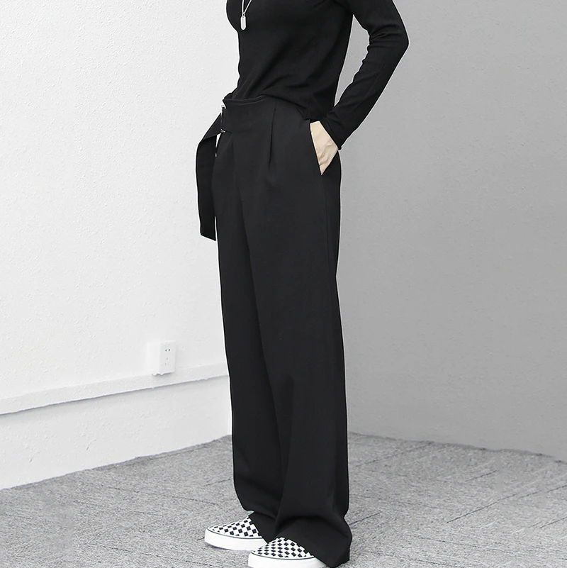 

[EAM] High Waist Black Long Wide Leg Straight Trousers New Loose Fit Pants Women Fashion Tide Spring Autumn 2021 1DD2804