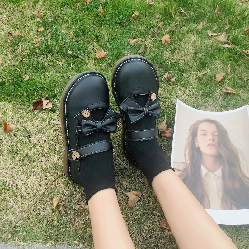 

Spring/Autumn Leather Shoes Casual with Flat Button Bow Buckle Fashion Retro Single Shoes Female Zapatos Rosados Mujer W35-29