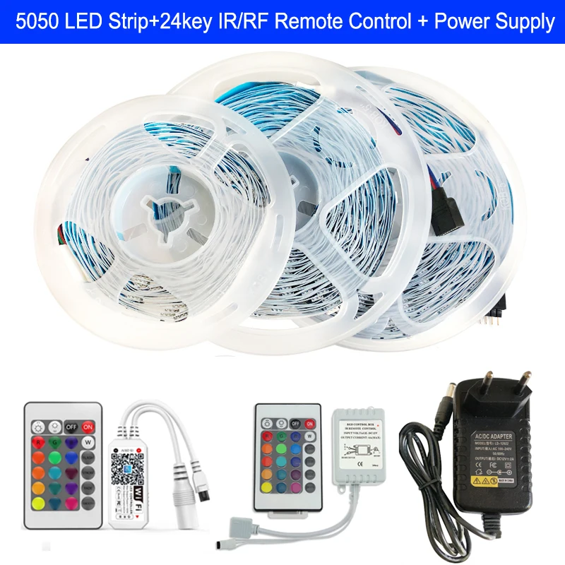 DC12V SM5050 RGB LED Light Strip 18leds/m IR 24key WiFi Controller 5m/10m/15m Color Home Decoration with Power Adapter Set