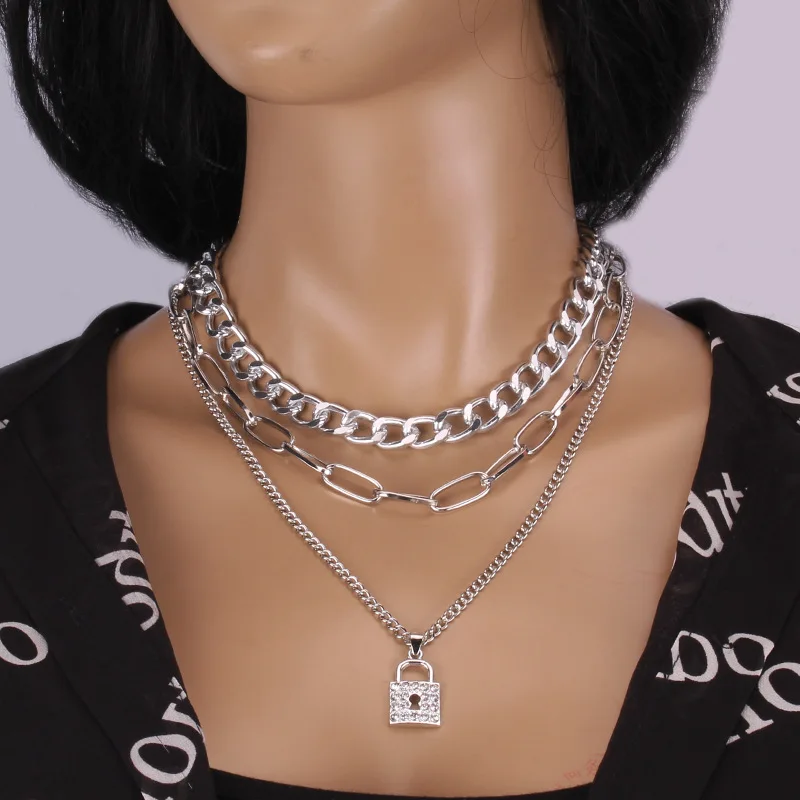 

Geometric Necklace Women Hollow Necklaces Woman Lock Chain Pendant High Quality Multilayer Silver Color Trendy Alloy Naszyjnik