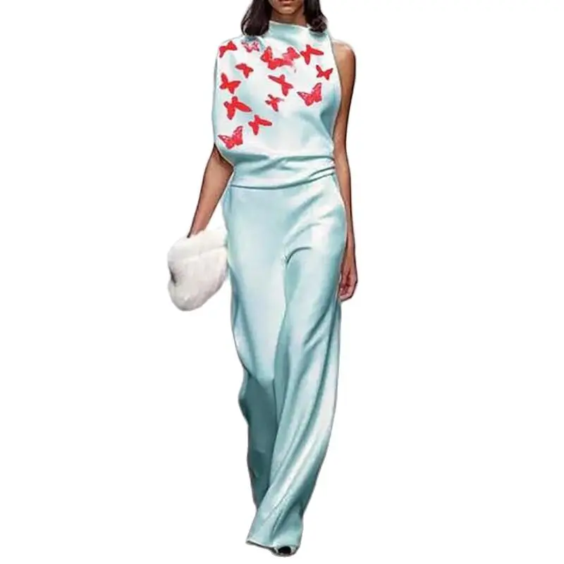 

2021 Spring New Women's Sexy Dress Sleeveless Printed Butterfly Flower Turtleneck Jumpsuit