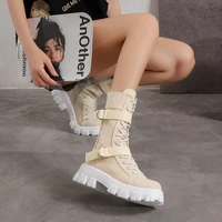 womens shoes 2021 new spring style platform comfortable boots zipper casual mid calf round toe flat with boots femmes bottes