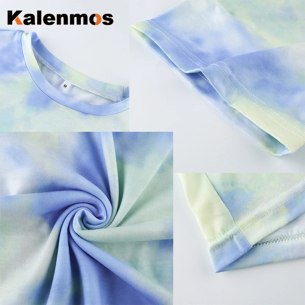 

KALENMOS 2 Piece Set Women Tie Dye Print Tshirt Homewear Outfits Lounge Wear Jogging Pajamas Biker Shorts Tees Summ Tracksuit