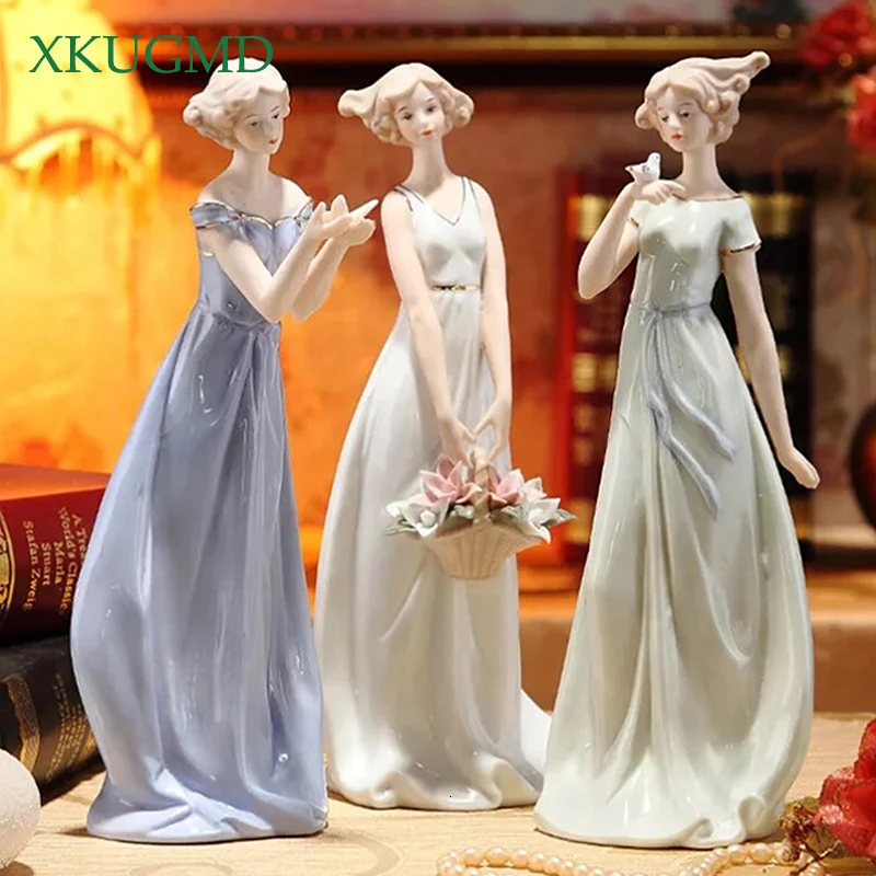 

Western Woman Ceramic Ornaments Painted Figures Statues Bird Sculpture Desktop Crafts Wedding Gifts Home Decorations Accessories