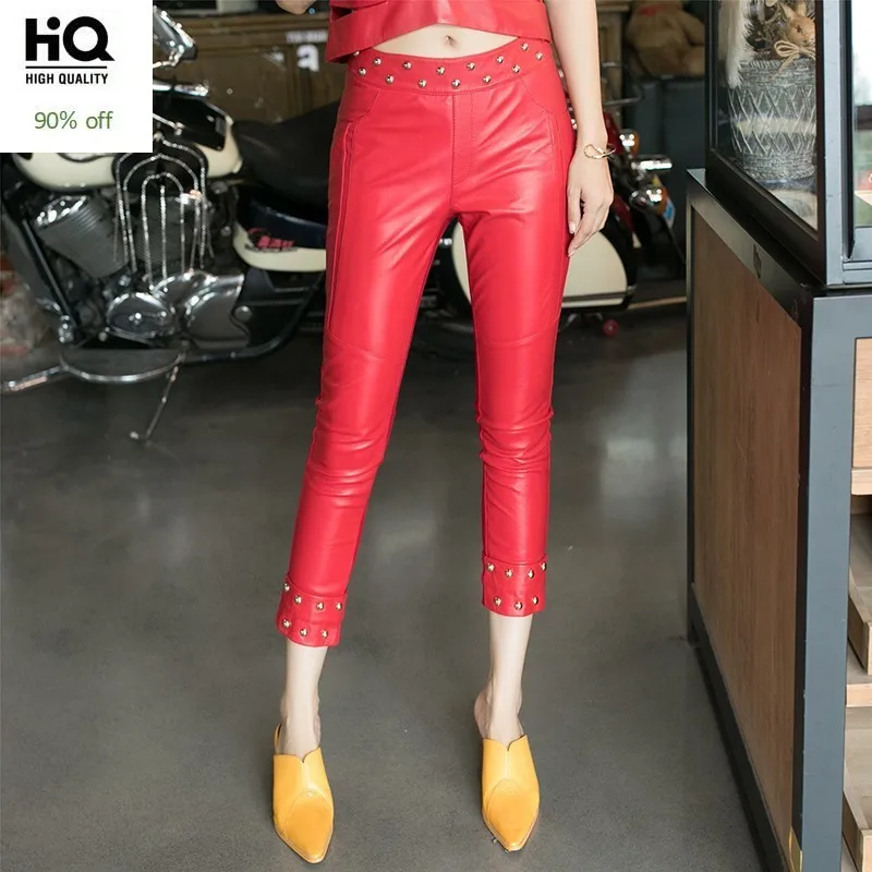 2020 Spring Women Patchwork Elastic Leggings Pencil Trousers Female High Street Rivets Sheepskin Real Leather Calf Length Pants | Женская
