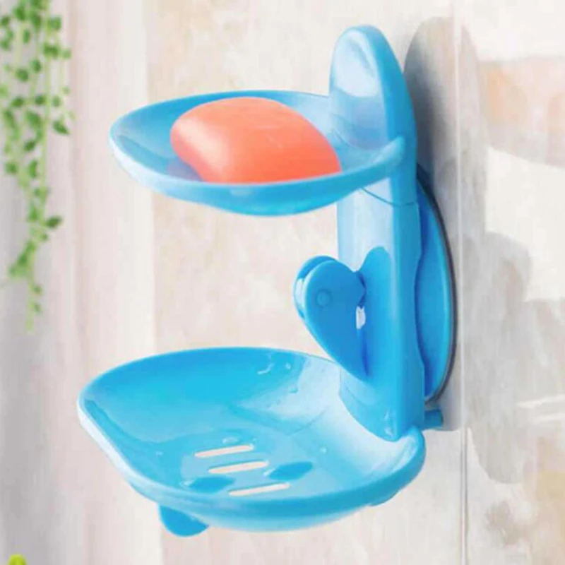 

Double Layers Home Bathroom Soap Dishes Fashionable Blue Holder Rack Strong Suction Cup Type Soap Basket Tray Organizer