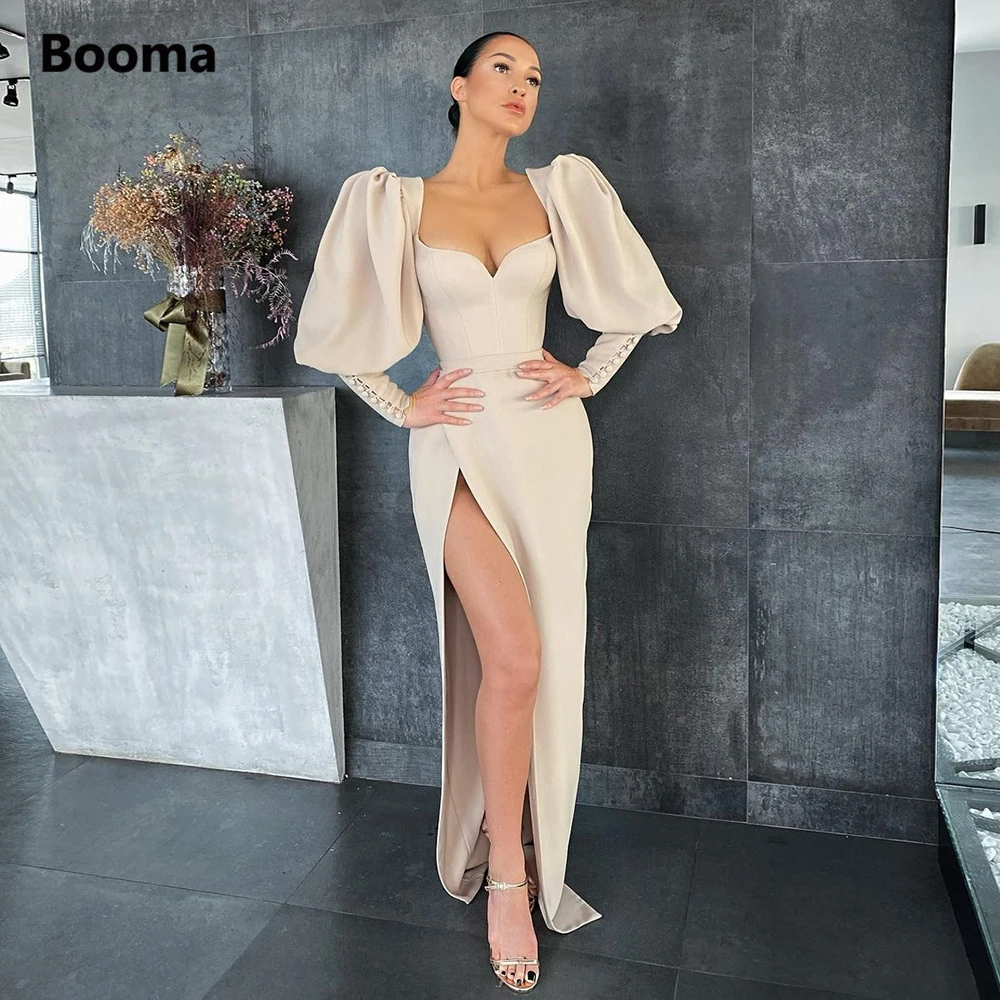 

Booma Sexy Queen Anne Sheath Evening Dresses Bishop Sleeves High Slit Evening Party Gowns Soft Satin Column Long Formal Dresses