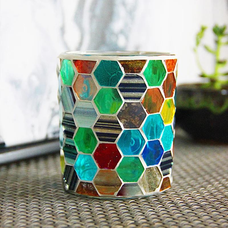 Разноцветный шестиугольный стеклянный подсвечник ручной работы X4 сотовые