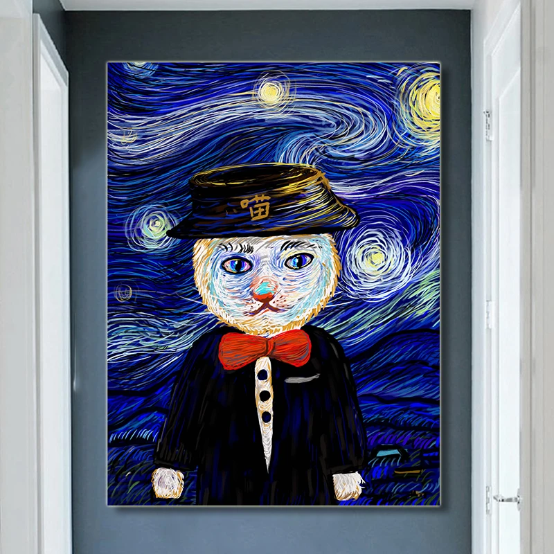 Винтажная Картина на холсте мультяшный портрет кардинал кот настенные